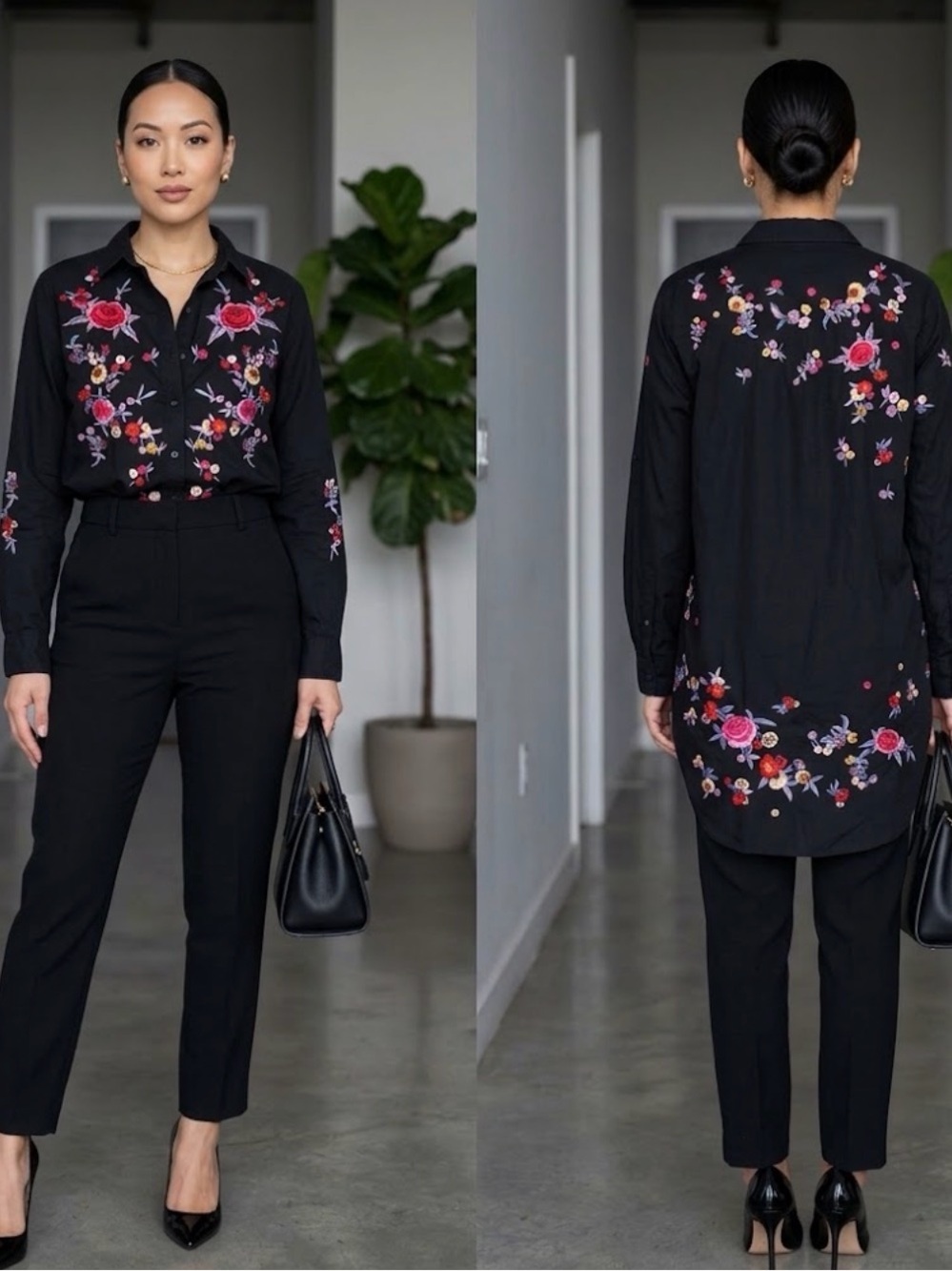 Zara Women's Black Embroidered Floral Button-Up Shirt
